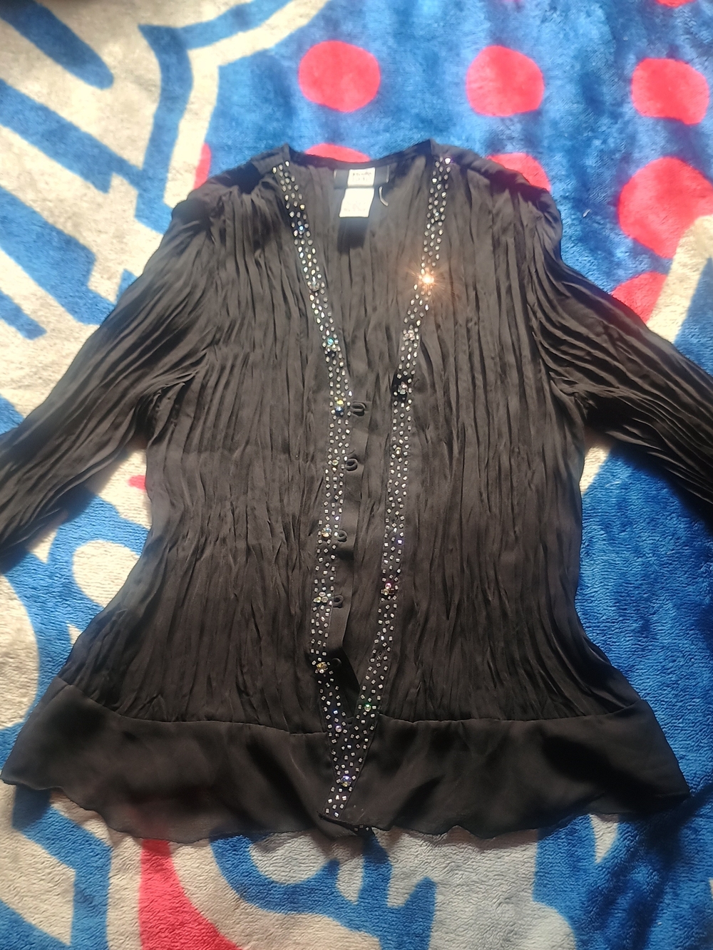 Studio 1940 Black Beaded Pleated Button-Front Blouse